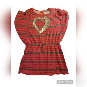 Extremely Me Pink Top w Gray Stripes &  Heart Print 10/12 Girls Tunic Drawstring